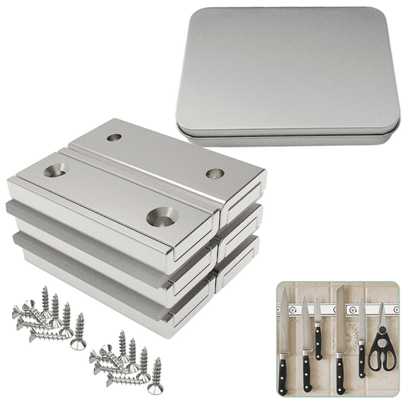 Neodymium Rectangular Pot Magnets with Counter Bore，Pack of 6 50x13.5x5mm with 20kg Strong Force, Magnetic attractable suspensibl, Household and Industrial Pot Magnet with 16 Screws