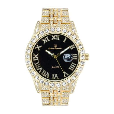 Charles Raymond Big Rocks w/Roman Numerals Fully Iced Out Mens Watch w/Easy Read Date and Colorful Dials- Designer Hip Hop Blinged Out Timepiece - ST0226RND GOLD BLK