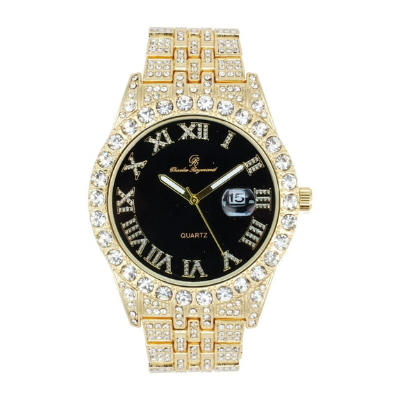 Charles Raymond Big Rocks w/Roman Numerals Fully Iced Out Mens Watch w/Easy Read Date and Colorful Dials- Designer Hip Hop Blinged Out Timepiece - ST0226RND GOLD BLK