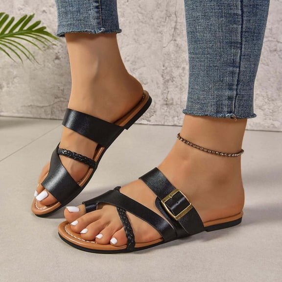 Bxsruta Double Metal Buckle Flat Sandals with Braided Detailing, Women's Casual Summer Shoes with Flexible Sole for All-Day Walking