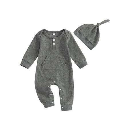 

Saoakiny Baby Boys Rompers Solid Color Waffle Buttons Fall Bodysuits with Hat