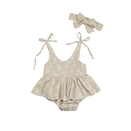 

jaweiw Baby Girls Daisy Playsuits Bodysuit+Headband Print Halter Romper Floral Jumpsuit Infant Summer Clothes