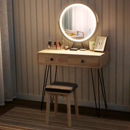 Vanity Makeup Table Set With Touch Screen Adjustable Lighted Mirror Iron Frame Cushioned Stool 3 Lighting Modes 2 Drawers Walmart Canada