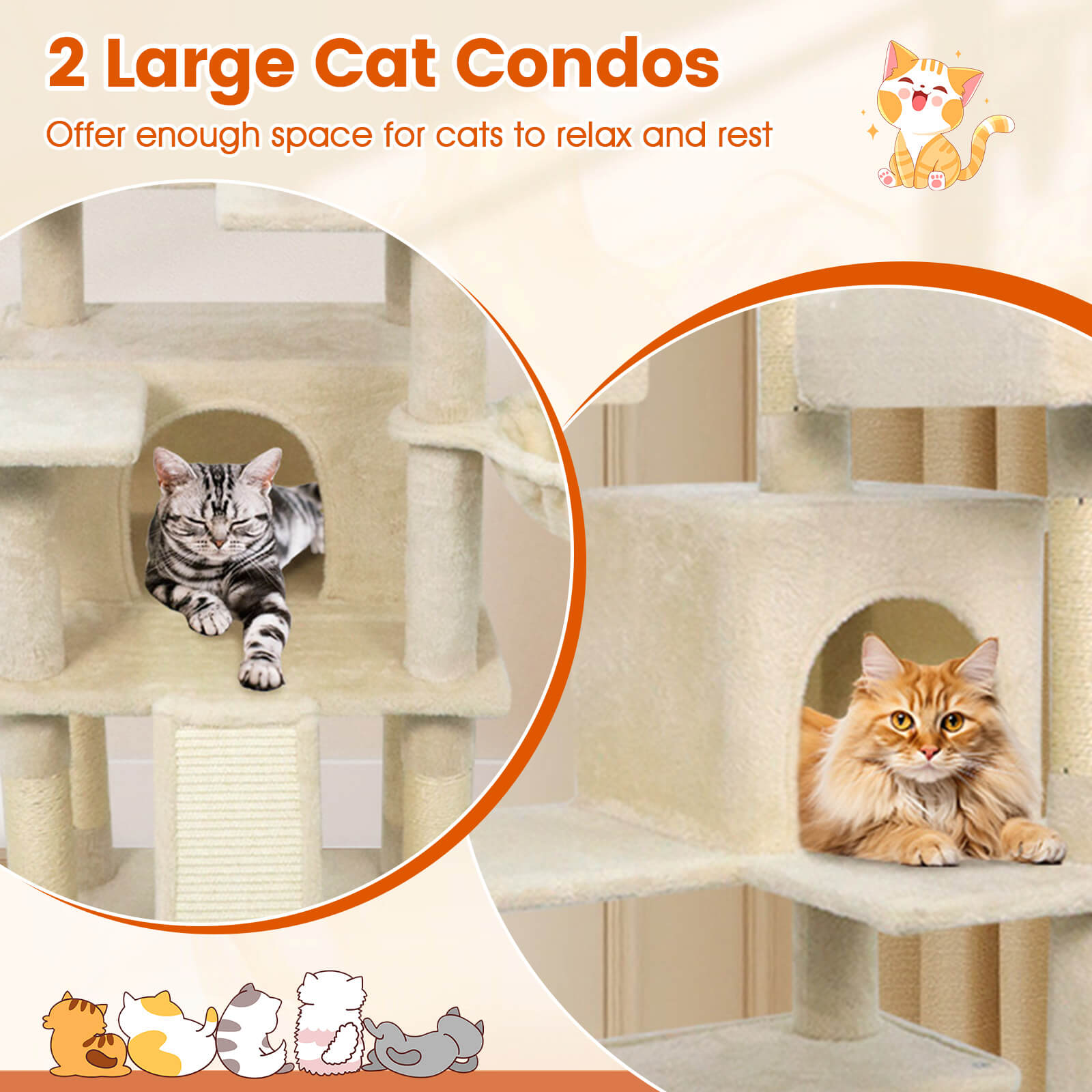 Costway 65” Tall Multi-level Cat Tree with 3 Upholstered Top Perch 2 Cat Condos Cat Basket Beige