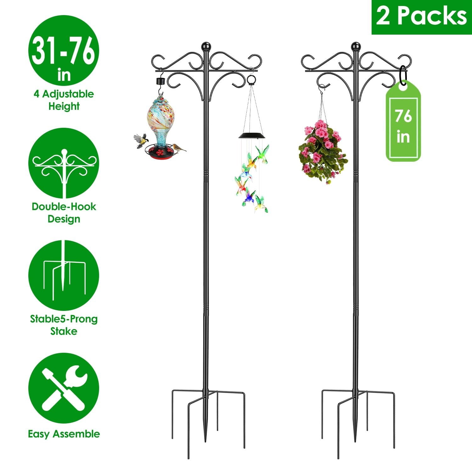 2 Packs Heavy Duty Double Shepherds Hook Adjustable Height Bird Feeder Pole with 5 Prong Base for Outdoor Garden