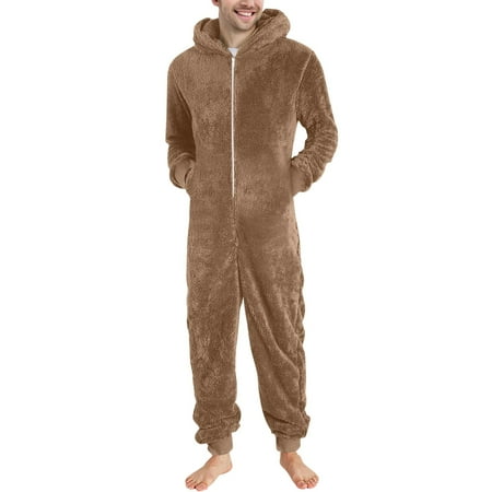 Divhosrg Mens Fuzzy Jumpsuit One Piece Zip Up Pajamas Loose Fit Plus Size Jumpsuits Winter Soft Plush Fleece Cozy Loungewear Light Brown L