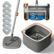 Mop and Bucket Set, KZKR Spin Mop with Separate Dirty Water System, Deep-Cleaning Mops for Floors with 6 Washable Reusable Pads, Versatile Mops for Walls
