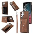 thumbnail image 1 of SaniMore for Samsung Galaxy S22 Ultra Case, Samsung Galaxy S22 Ultra Wallet Case for Women Men, PU Leather RFID Blocking Wristlet Zipper Shoulder Strap Cover with Card Holder Kickstand, Brown, 1 of 10