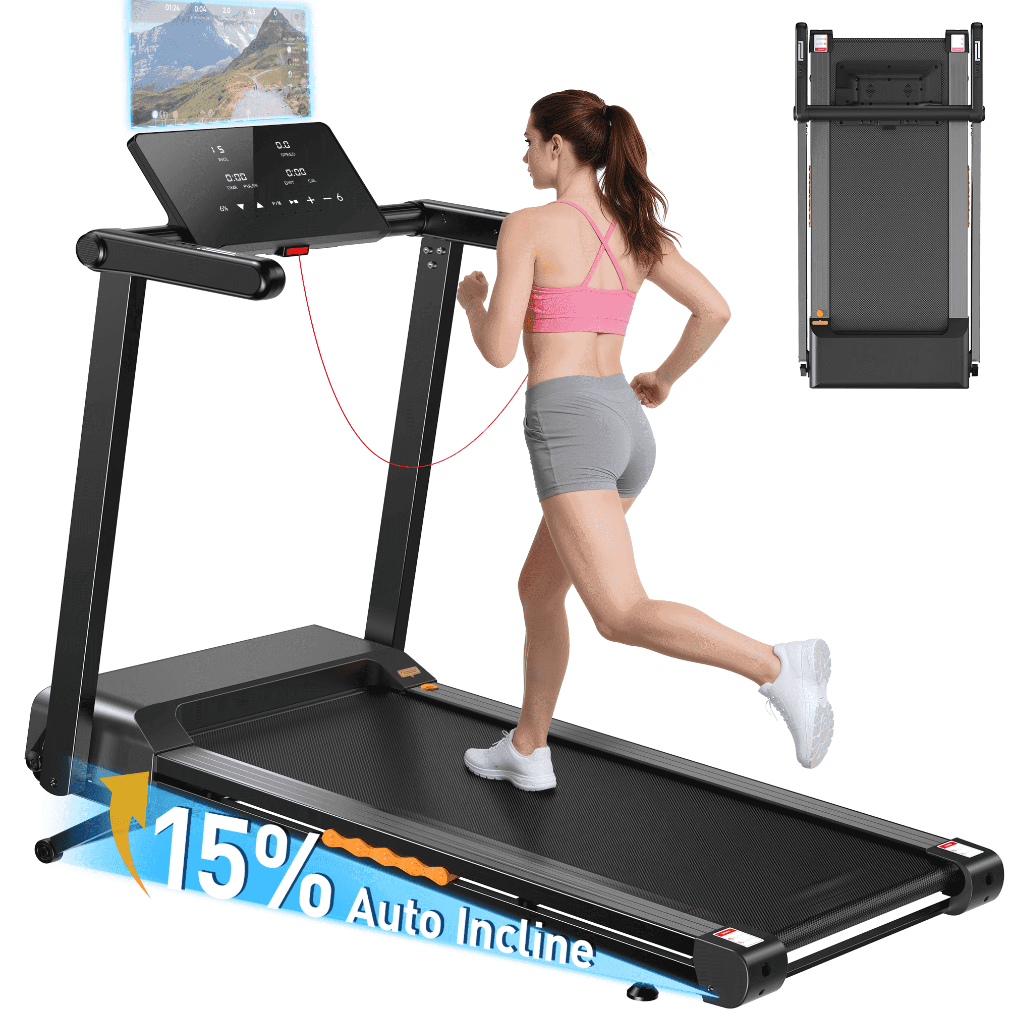 Folding Treadmill Walking Pad with Incline, 3.5HP Treadmills for Home, 0.5-8.5MPH 12 HIIT Programs, App & Heart Rate, LED Display, Fitness Equipment