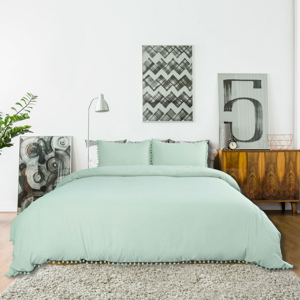 Unique Bargains Washed Polyester Duvet Cover Bedding Set with Pompoms