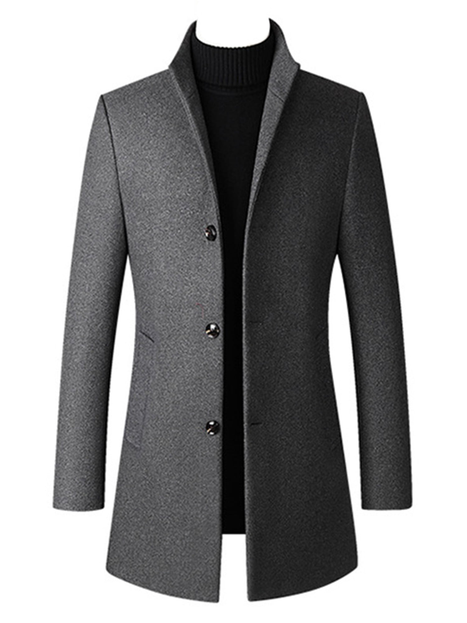 DressU Mens Thickening Cotton Mid Length Solid Hood Pea Coat Jacket