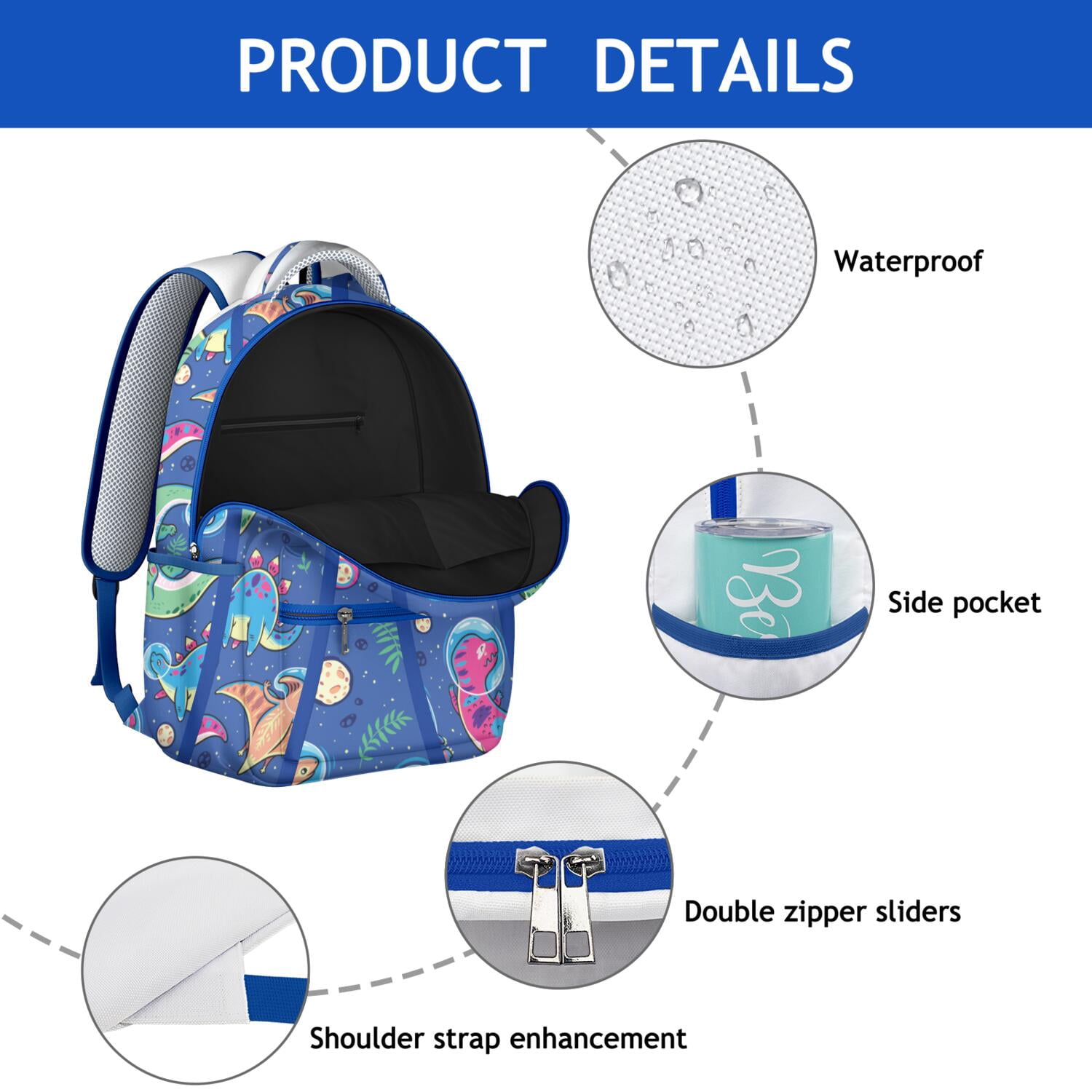World Travel Themed Waterproof Backpack - Bright & Bold Dinosaur Print School Bag with Multiple Pockets