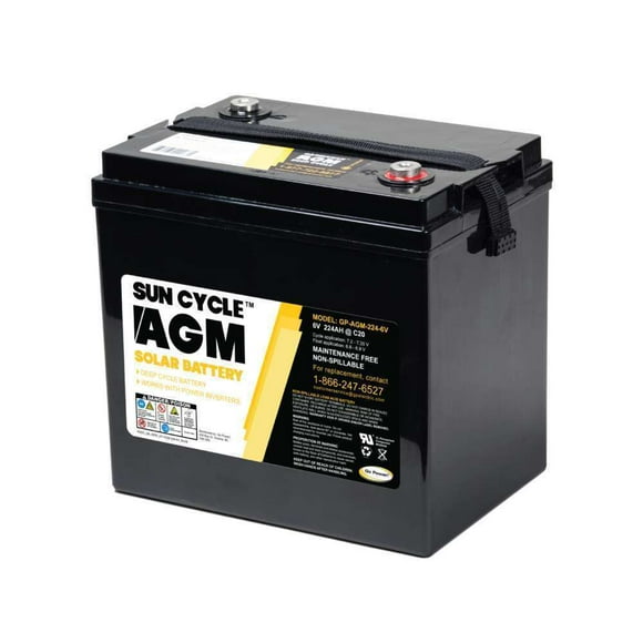 Go Power Battery GP-AGM-224-6V Sun Cycle; For PV Solar And Inverters; 6 Volt; 224 Amp; Absorbent Glass Mat AGM Deep Cycle Technology; Top Terminals; Built-In Carry Handles