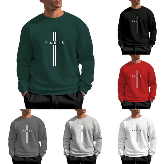 PARIS Men's Letter Printed Round Neck Long Sleeve Sweatshirt, Casual Sports Pullover for Gym, Street Fashion and Everyday Comfort Wear,Black,L