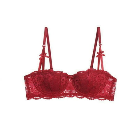 Yyeselk Minimizer Bras for Women Floral Lace Underwire Push Up Sexy Bra Full Coverage Padded Comfort Bra Adjustable Spaghetti Strap Lift Up Bra Wine 32