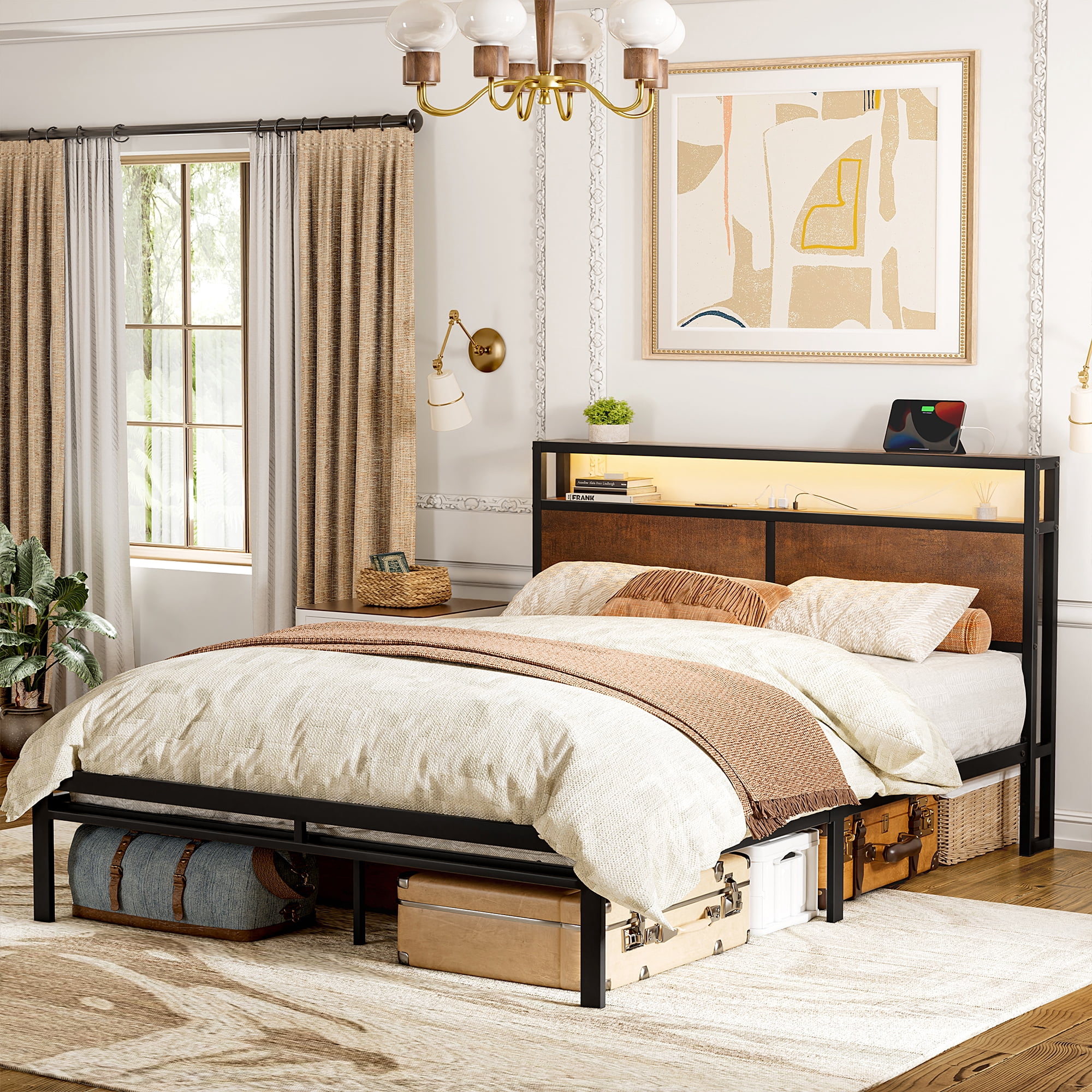 GUNAITO Queen Bed Frame with Headboard Metal Platform Bed with LED Lights and Charging Station, Rustic Brown