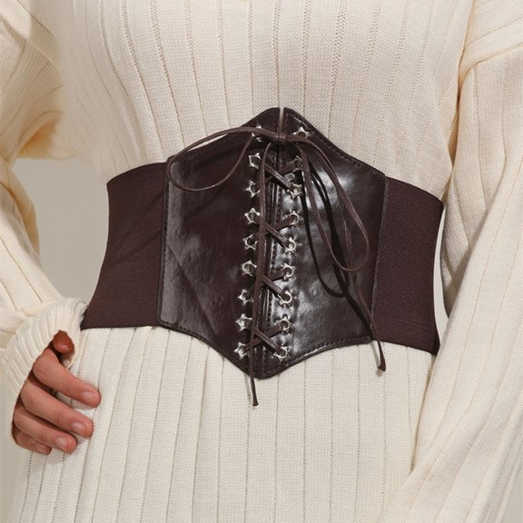 Women Elastic Corset Adjustable Lace-up Wide Belt Faux Leather Slimming Body Waistband Dress Shirt Decoration