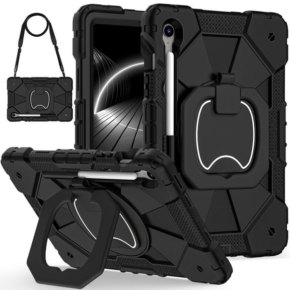 Dteck with Pencil Holder Case for Samsung Galaxy Tab S10 FE/S9 FE/S9 10.9 inch,Heavy Duty Silicone Case 360 Degree Rotating Handle Stand Cover with Shoulder Strap,Black
