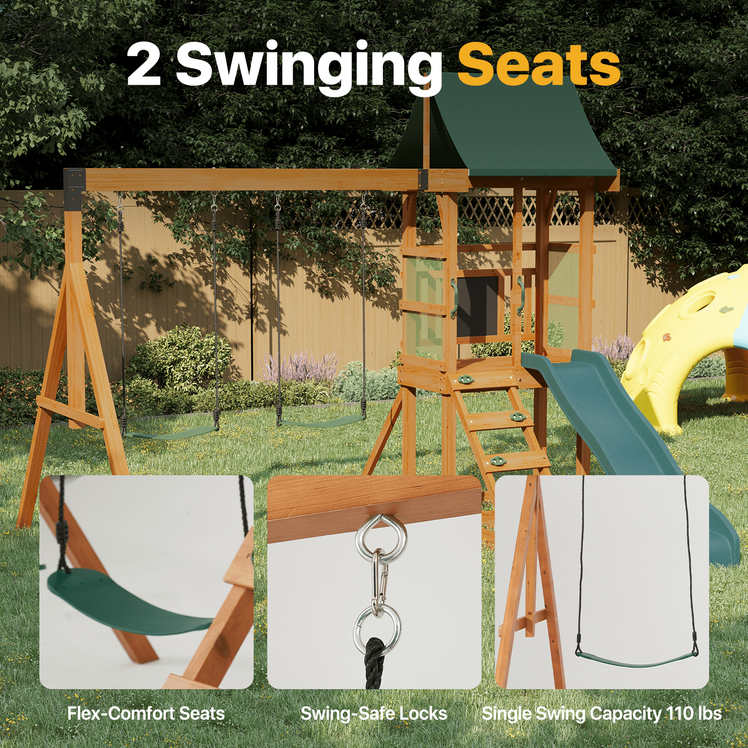 BaPiPro Wooden Backyard Swing Set，Outdoor Playground for Kids with Slide, Play Deck, Rock Wall Ladder, Belt Swings & Chalkboard