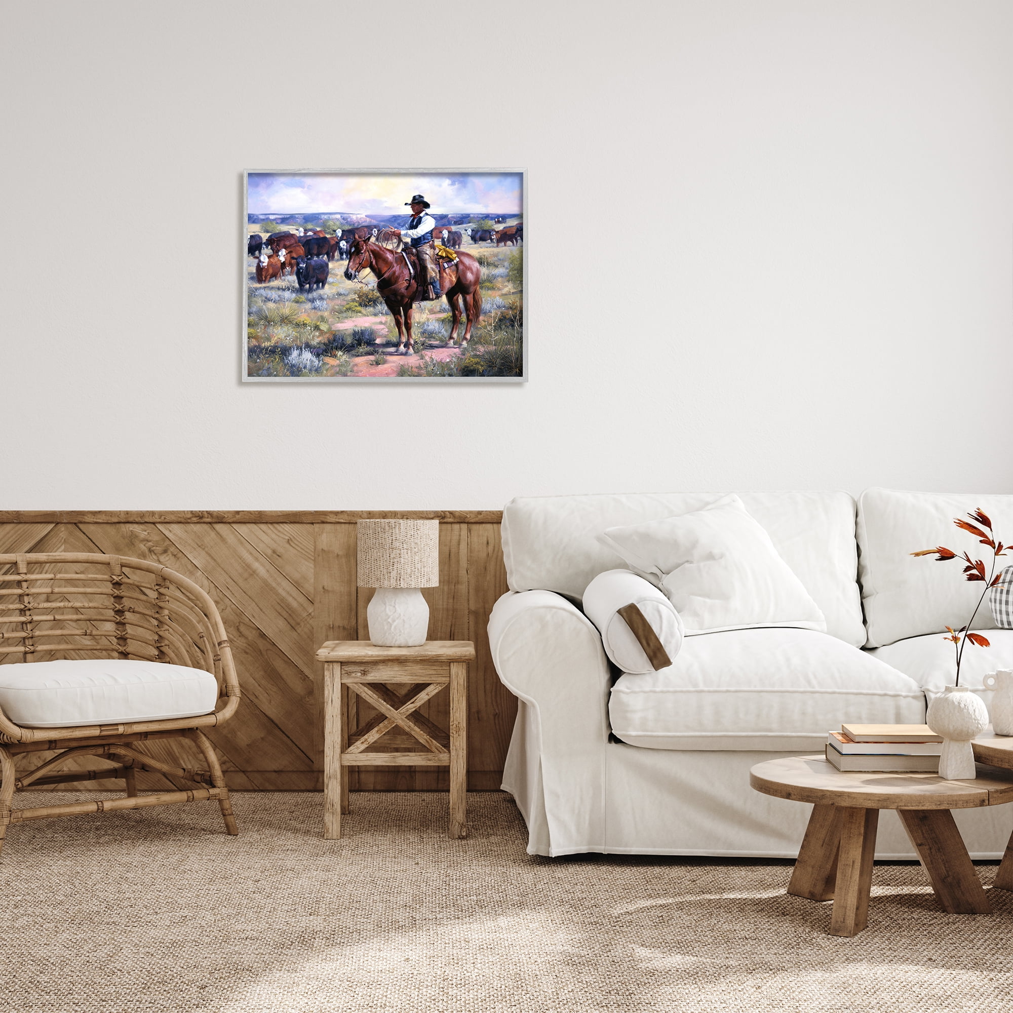 Stupell Industries Cowboy Herding Cattle Ranch Animals & Insects Painting Gray Framed Art Print Wall Art, 30 x 24