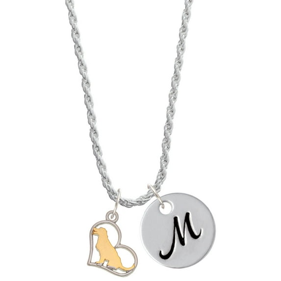 Delight Jewelry Two-tone Labrador Silhouette Heart Silvertone Script Initial Disc - M - Charm Necklace, 20"+3"