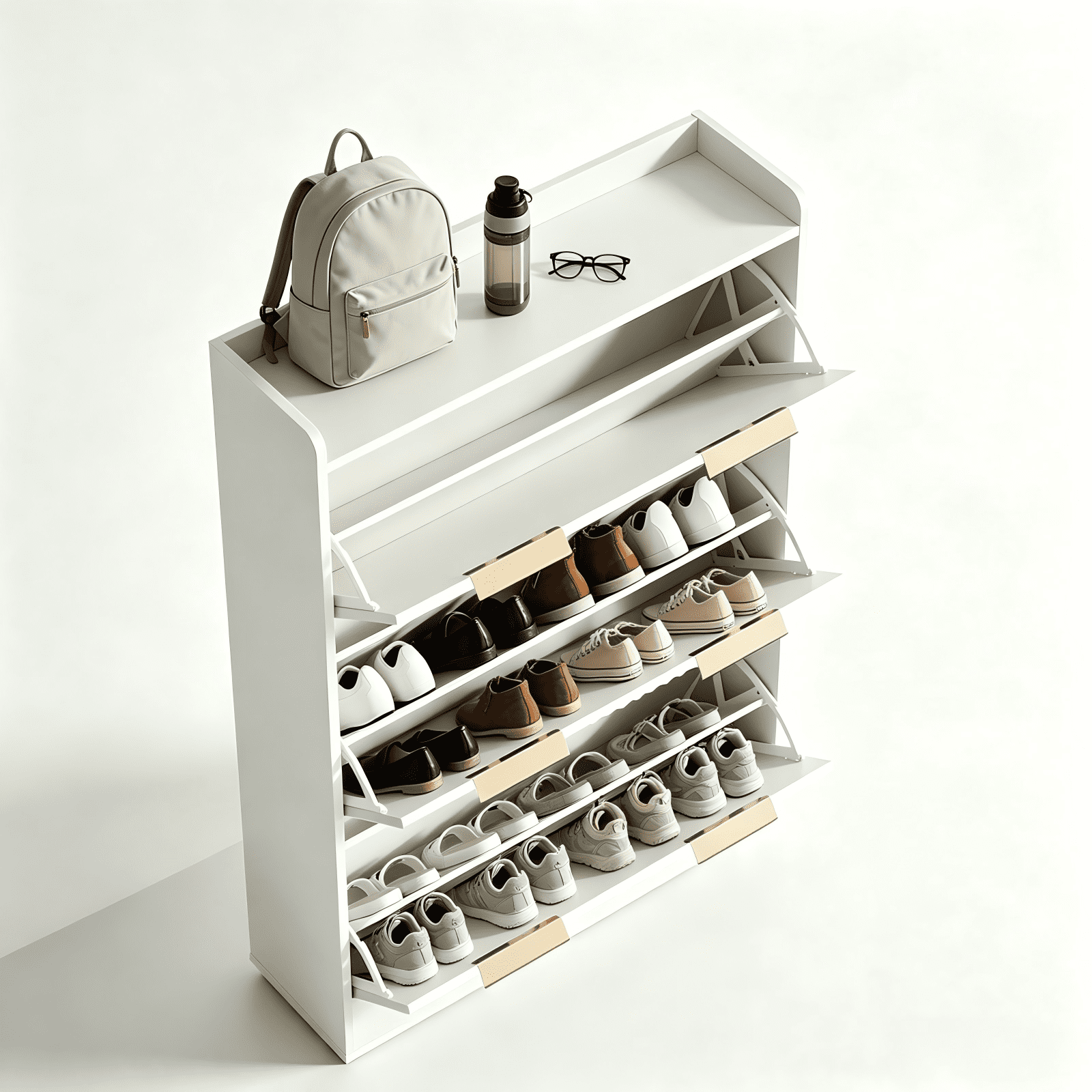 3-Drawer Shoe Cabinet with Top Grille Panel MDF Door Panels with Thermoforming + Champagne Gold Door Seams and Handles + Conical White Legs for the Shoe Cabinet, 31.61*9.45*52.95in, White