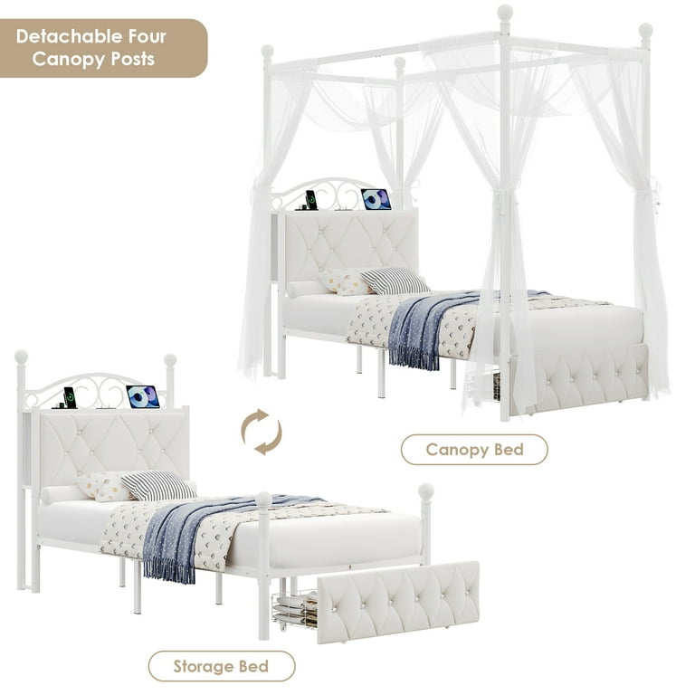 Homfa Twin Size Canopy Bed Frame, 1 Big Drawer Storage