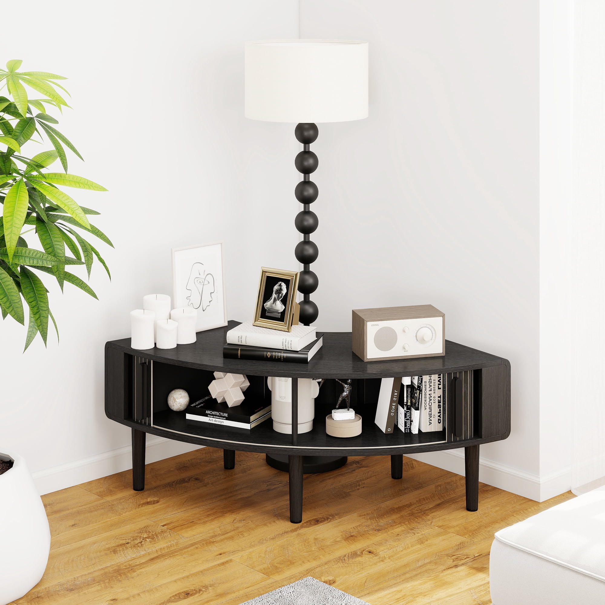 Corner TV Stand for 40 inch TV, Curved Corner Entertainment Center with Storage, Mid-Century Modern Media Console with Sliding Doors,for Living Room, Bedroom, Apartment, Black