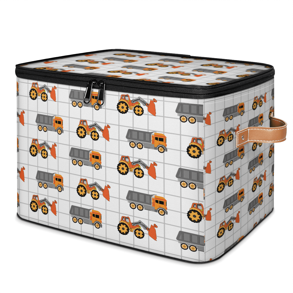 Storage Bins with Zipper Lid,Collapsible Organizer Box for Bedroom Living Room,Toys Clothes Pet Stuff, Construction Vehicle Print 14x10.2x10.4 Inch