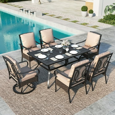MF Studio 7-Piece Patio Dining Set, Swivel Wicker Chairs with Cushions for 6-Person, Black & Beige