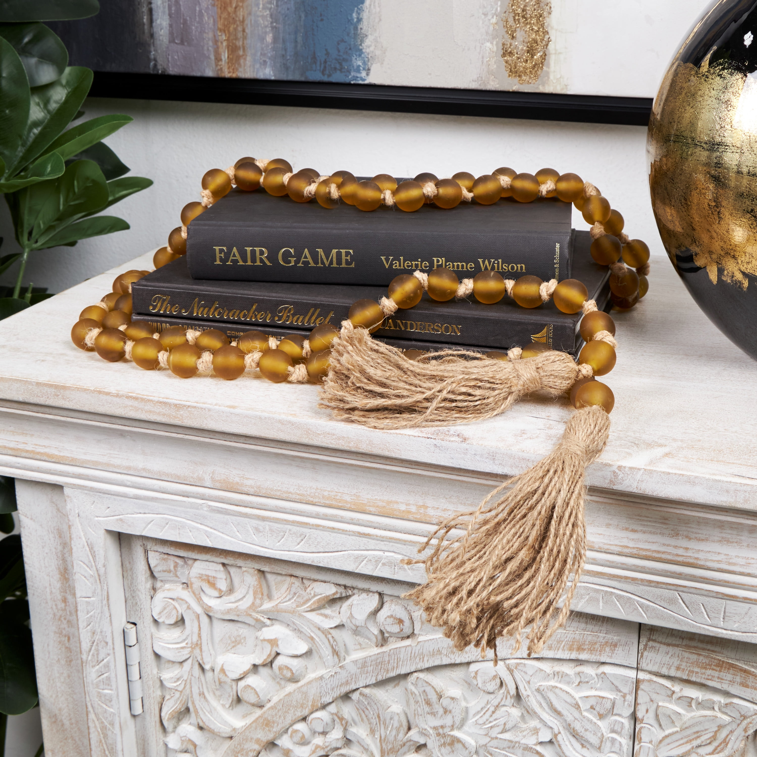 DecMode Handmade Round Long Frosted Beaded Yellow Glass Garland with Tassel with Knotted Brown Jute