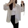 thumbnail image 1 of Camisa Tipo Cárdigan de Larga con Solapa y Botones, Estilo Casual para Mujer, A Rayas Albaricoque S, 1 of 9
