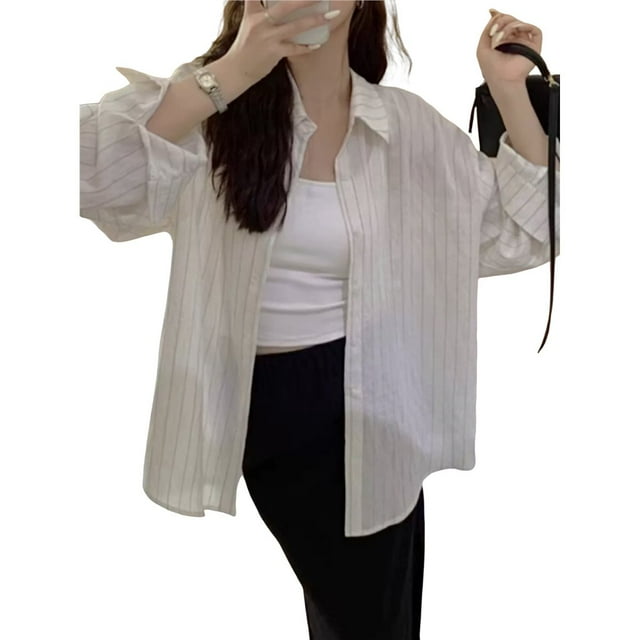 Camisa Tipo Cárdigan de Larga con Solapa y Botones, Estilo Casual para Mujer, A Rayas Albaricoque S
