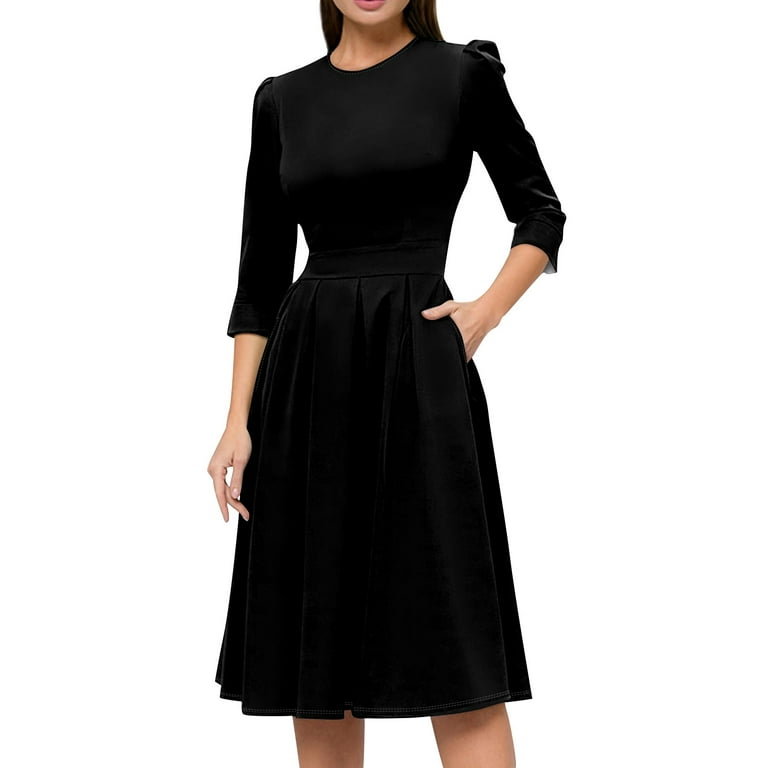 slim fit dress slacks Black Midi Dress With 3/4 Sleeves And Pockets