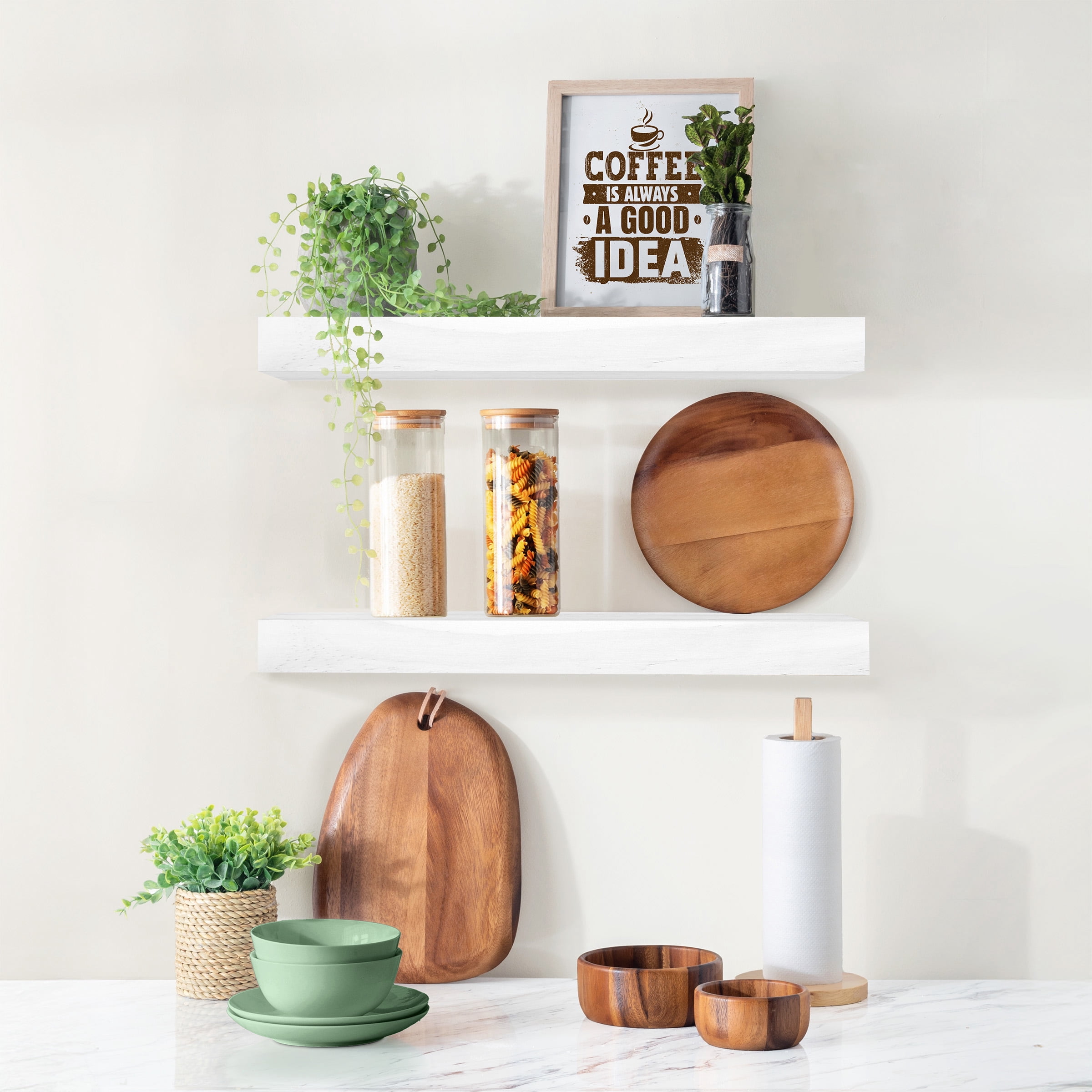 Sorbus Wood Floating Shelves for Wall - 16” Solid Wood Wall Shelves for Bathroom Decor, Books, Bedroom & Living Room - Set of 2 Wall Mounted Kitchen Shelves - Durable 100% Premium Solid Pine