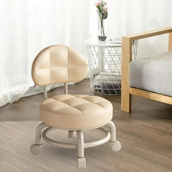 Asiento rodante bajo con respaldo con ruedas Cambio de zapatos Asiento de rodillo multiusos de cuero PU Taburete corto Taburete de polea para salón de perfecl Asiento rodante bajo