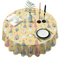 Yellow Princess Castle Unicorn Pattern Round Tablecloth 60"x60",Wrinkle Wipeable Table Cloth for Kitchen Dining Room Picnic Patio Party