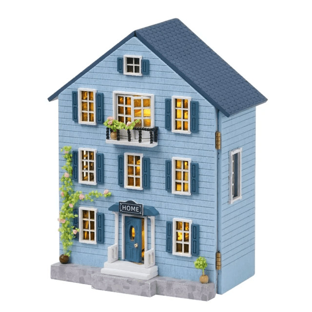 Casita De Muñeca Miniatura Bloque Construcción Madera azul
