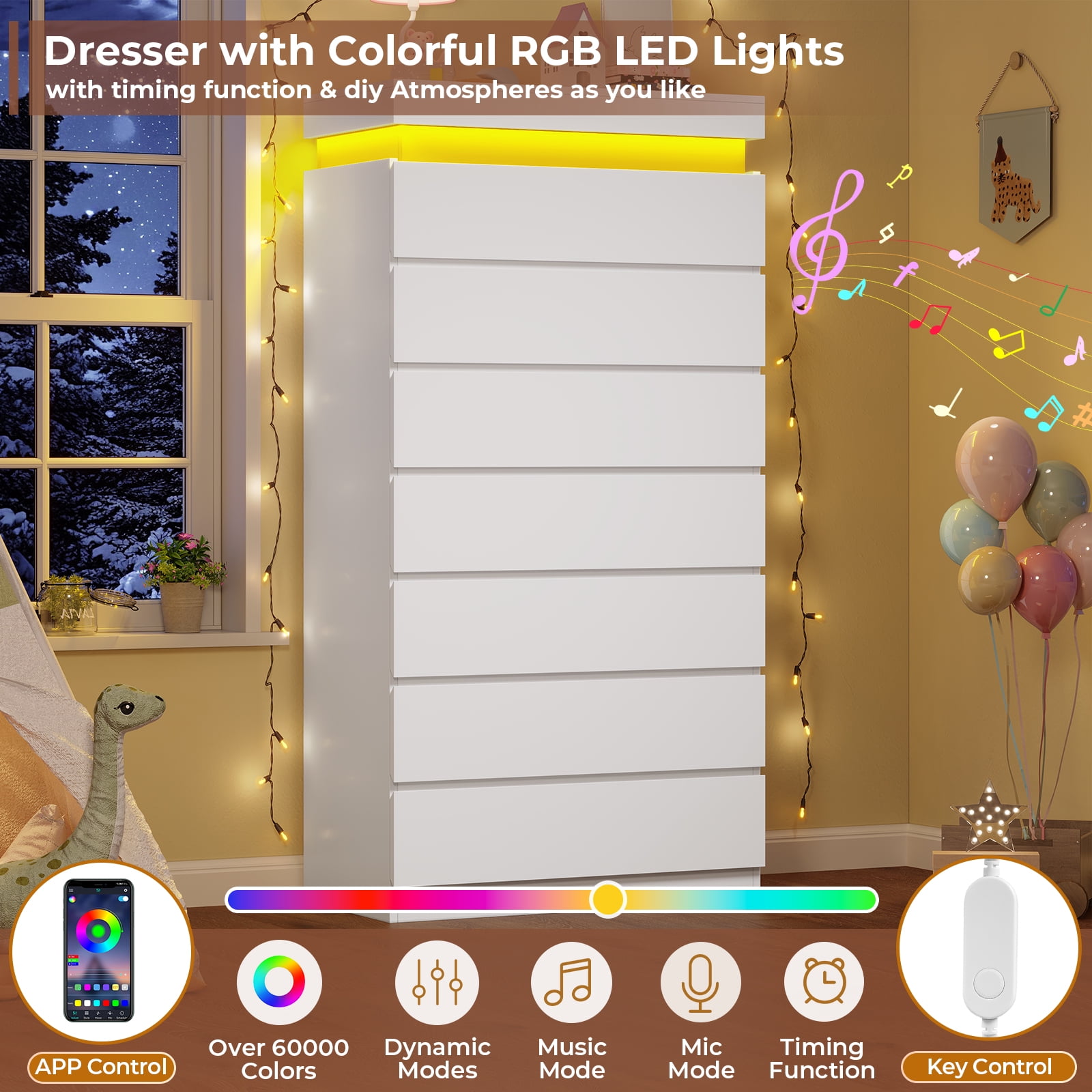 Afuhokles White Tall Dresser Wood 7 Drawer Dressers for Bedroom with LED Light, Wood Chest of Drawers Storage Cabinet.