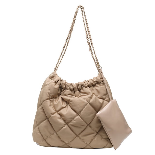 Bolso bandolera de nailon de gran capacidad con cadena y cara suave, bolso tipo cubo con un solo hombro, color caqui