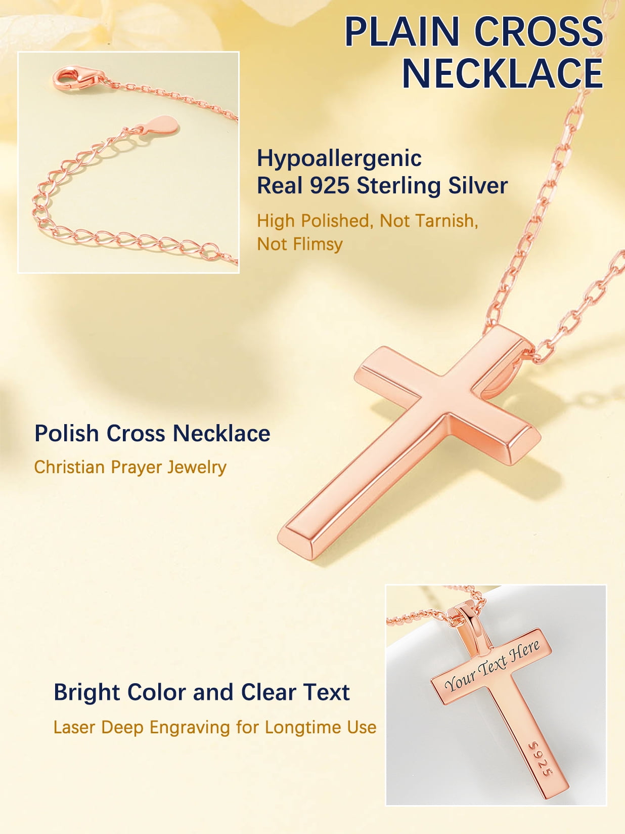 Suplight Cross Necklaces for Women, Rose Gold Plated Sterling Silver Faith Pendant Jewelry Gift for Women