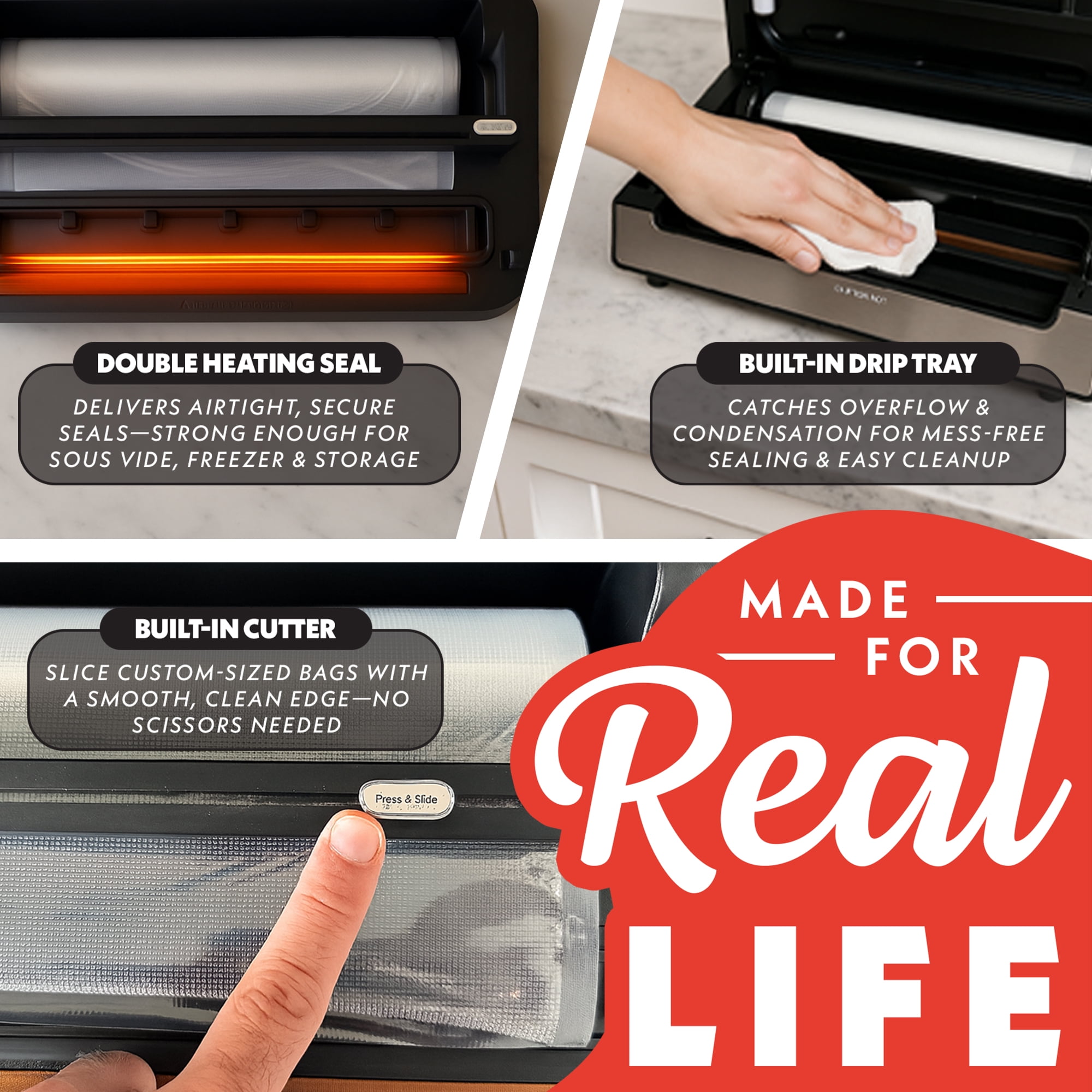 Gourmia Vacuum Sealer, Adjustable Seal and Pressure Settings, Built-In Bag Cutter, Stainless Steel