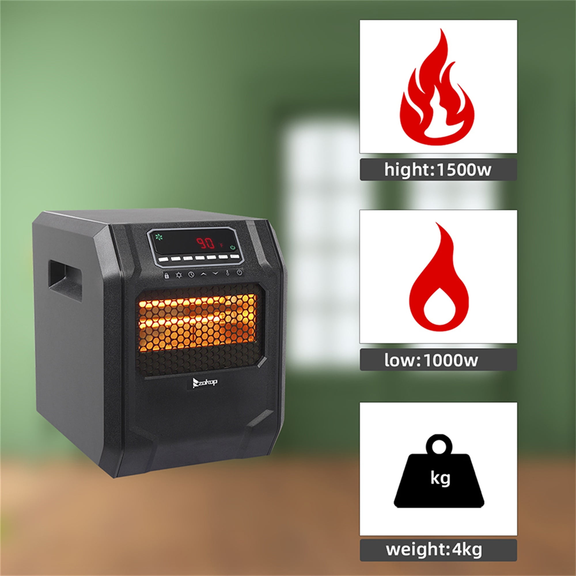 Kepooman 1500W Quartz Tube Heater Digital for Large Room Heating Black Fast Heating (Change to Metal Fan)
