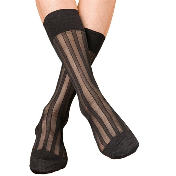 Mens Thin Dress Socks Silk Sheer Formal Business Socks Soft Nylon Middle Calf Suit Socks See Through Wide Stripe Socks