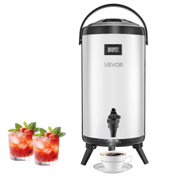 VEVOR Insulated Beverage Dispenser, 2.4 Gal/9.2L Stainless Steel Thermal Drink Server with Spigot & Temp Display, Suitable for Hot and Cold Drinks, for Tea Coffee Water in Cafes & Restaurants, Silver