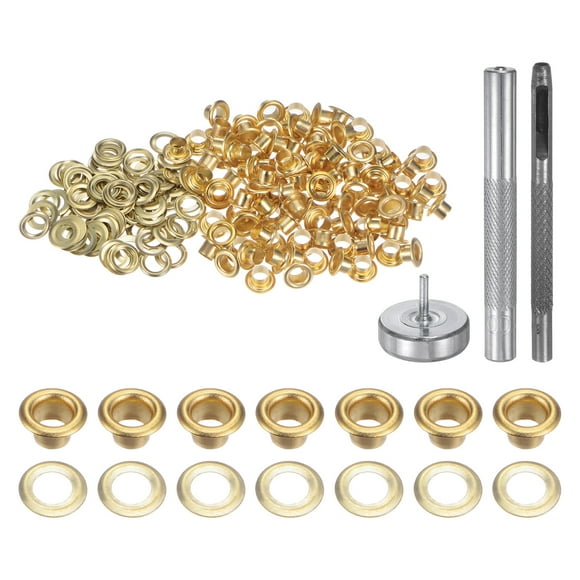 Unique Bargains 100pcs Grommet Tool Kit 3.5mm Grommet Eyelet Set with Hole Hollow Punch, Grommet Setter Tools, Gold Tone