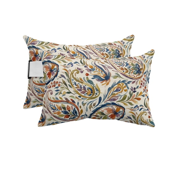 Pack of 2 Outdoor Lumbar Pillow Covers 12x20 Inch, Paisley Flower Waterproof Throw Pillow Covers Set, Spring Watercolor Vintage Floral Leaf Plant Decorative Cushion Cases for Patio Porch Car