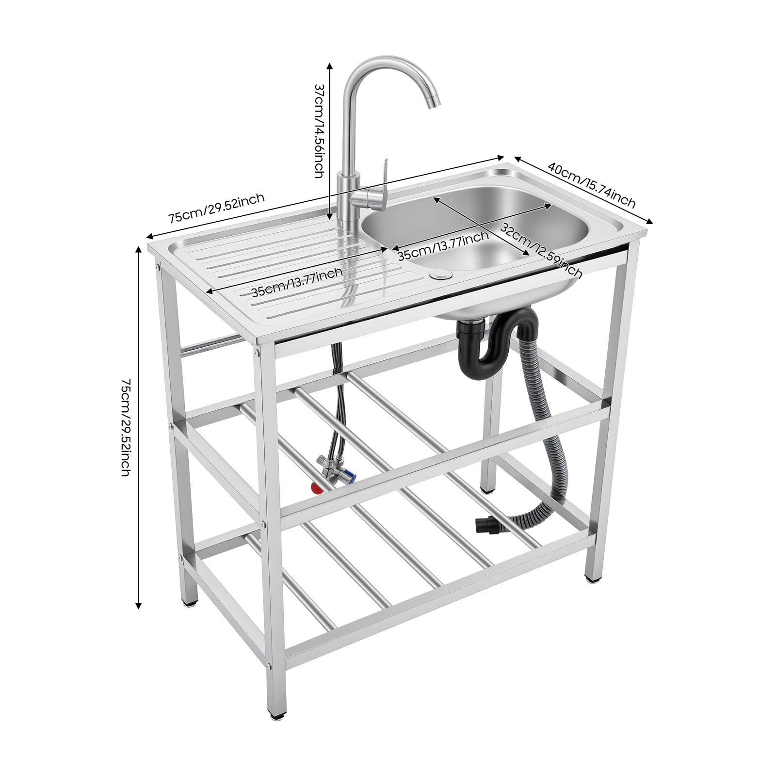 ChicHomey Freestanding Outdoor Kitchen Utility Sink, Stainless Steel Sink with Faucet,with Cleaning Table&Storage Shelves, for Backyard Garden Kitchen