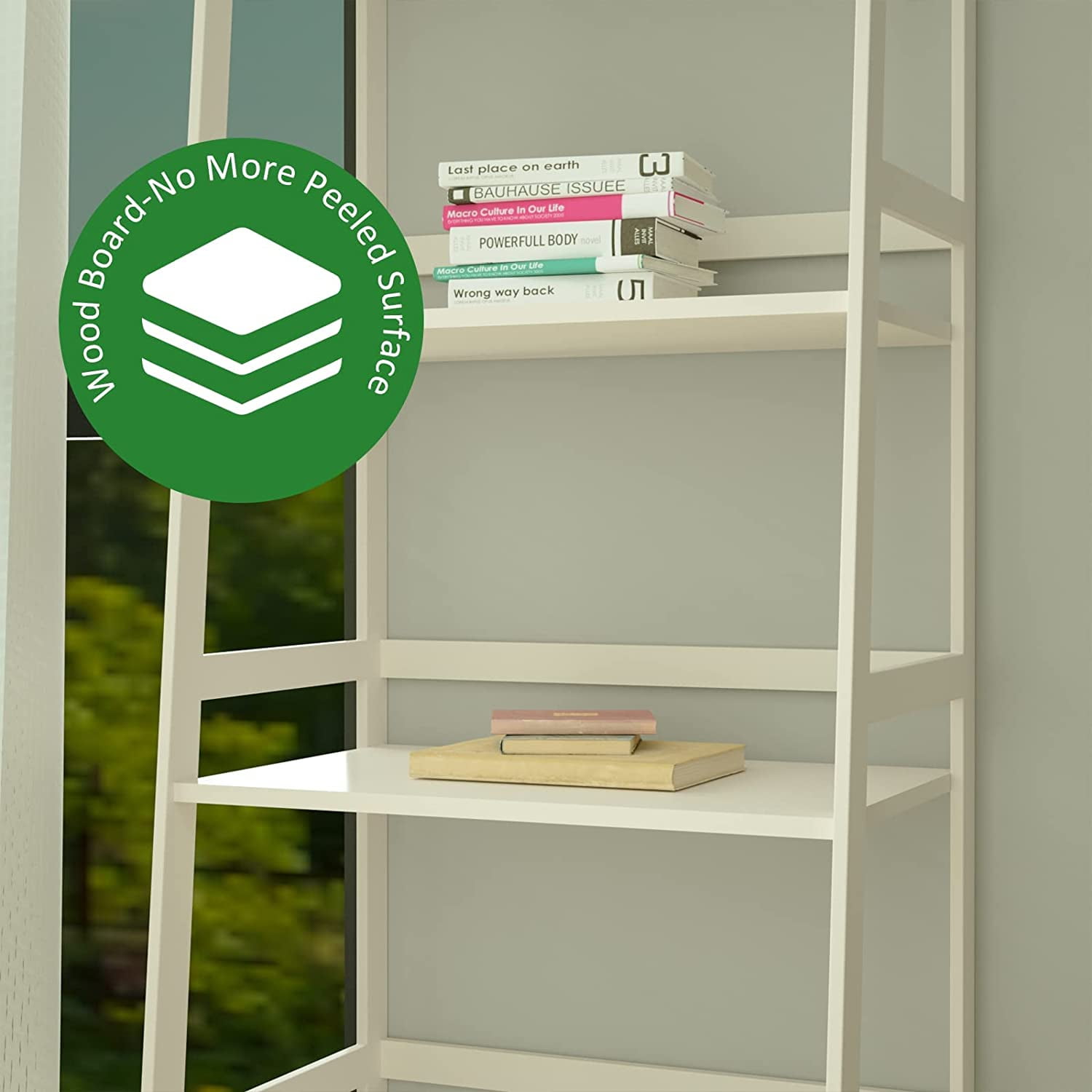 Kadyn 5-shelf Ladder Bookcase, Plant Flower Stand, Freestanding Bamboo Frame Storage Rack Shelf, White