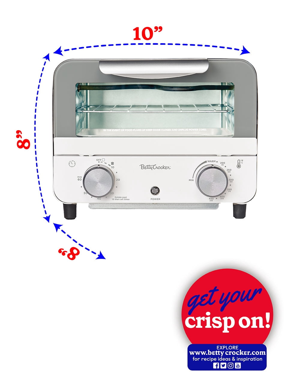 Betty Crocker Mini Toaster Oven, Compact Countertop Oven for Dorms, RVs, Apartments, 7-Liter Capacity, 750W, Adjustable Timer, Includes Baking Tray & Rack, BC-5629W, White/Gray